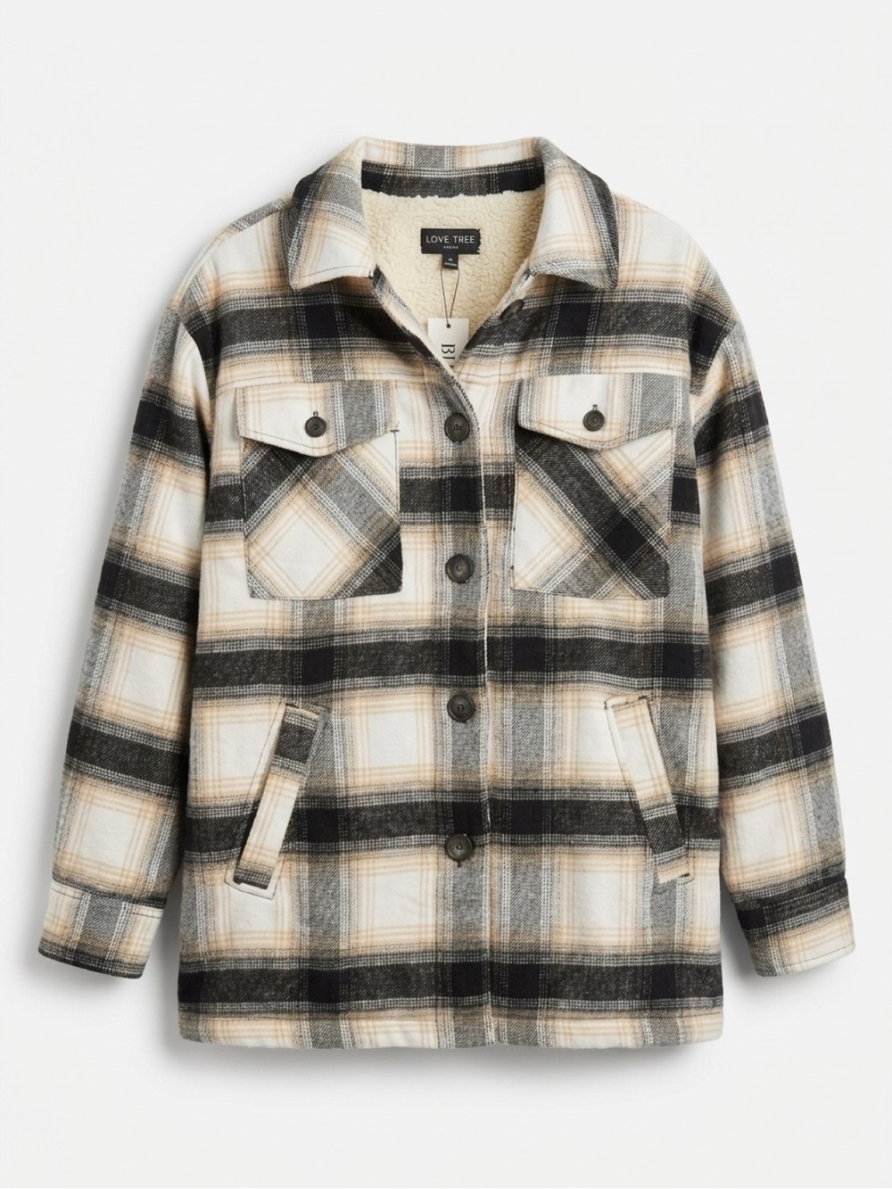 Love Tree Women Plaid Shacket Jacket - Cream, Black & Tan